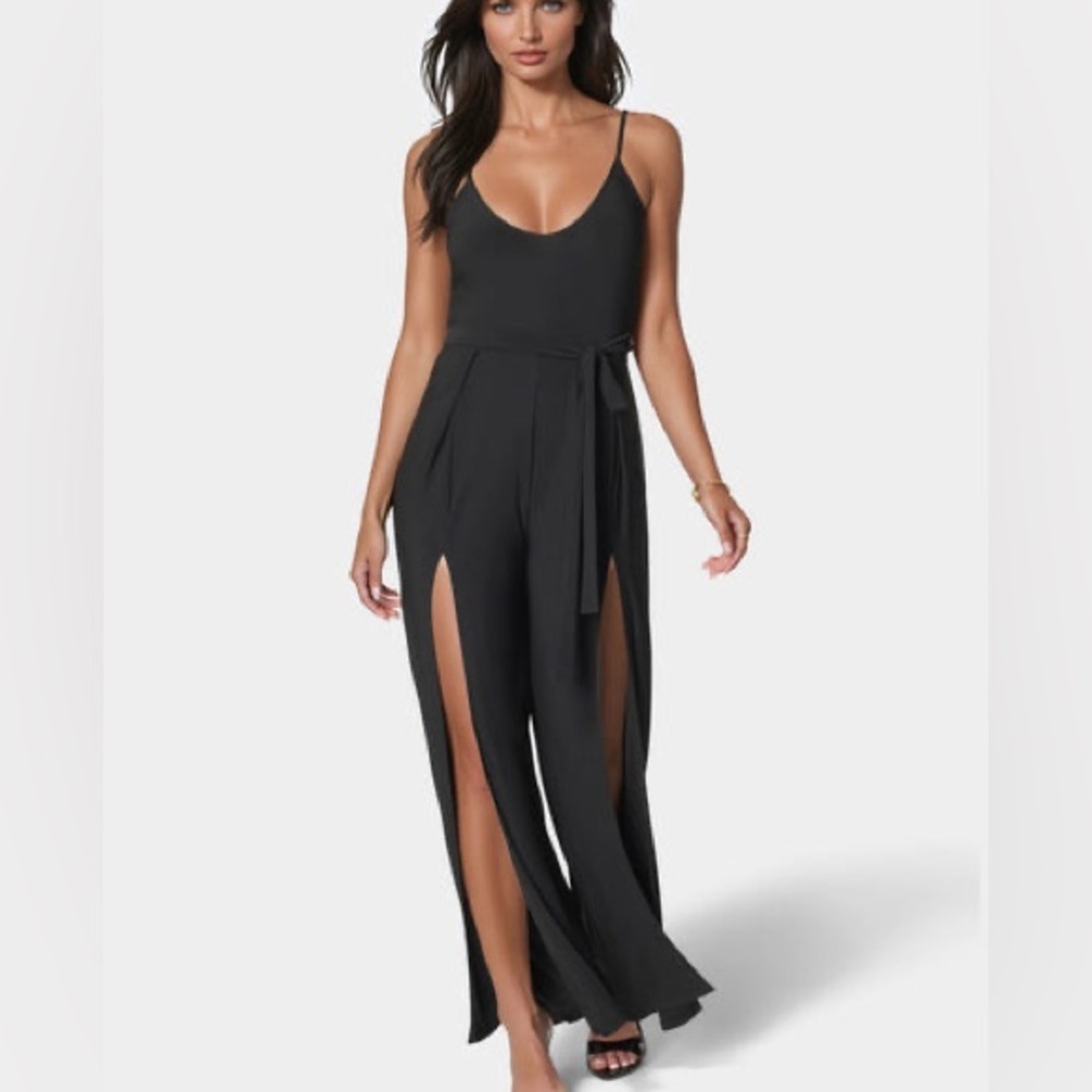 Bebe HIGH SLIT V-NECK CAMI STRAP JUMPSUIT Black Size XS